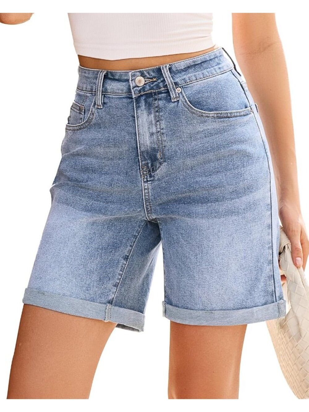 Women's Bay Blue High Waisted Fold Hem Stretchy 5 Basic Pocket Long Denim Shorts